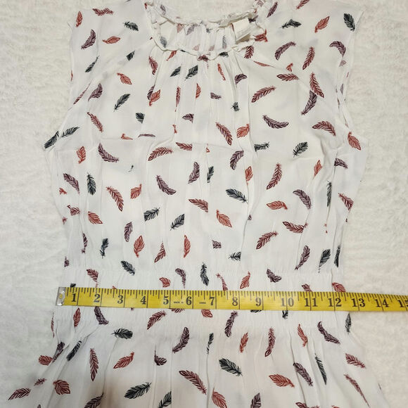 H&M Feather Pattern Crinkle Elastic Waist Cap Sleeve Dress, White, 6 - Picture 4 of 7
